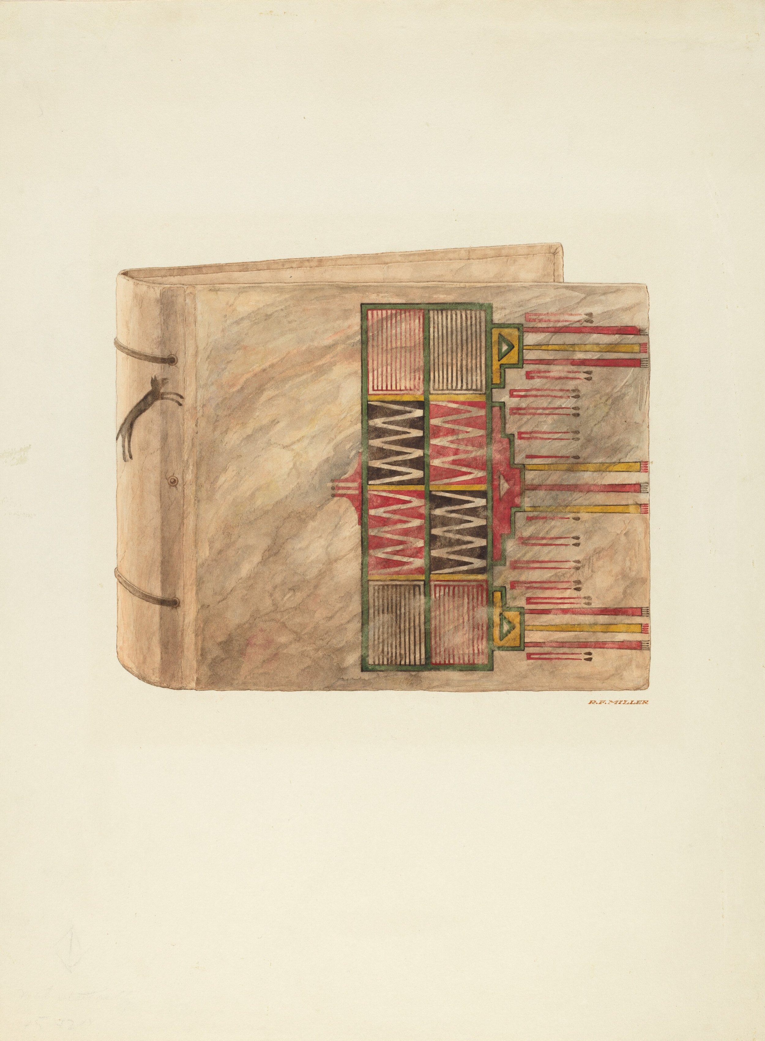 A vintage illustration of an Egyptian mural and stela with colorful geometric patterns and hieroglyphs, signed by R.E. Miller.