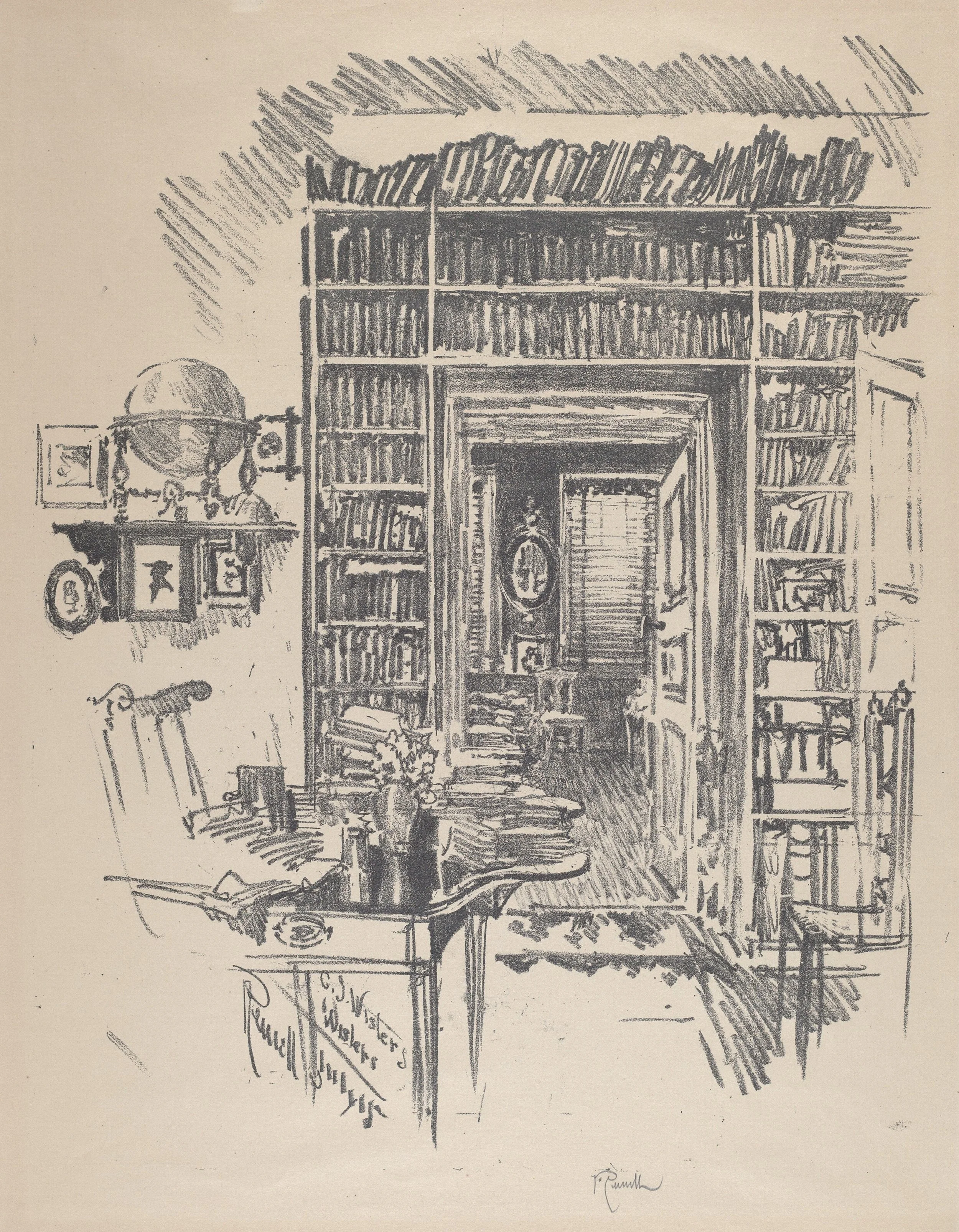 A black and white sketch of a room with tall bookshelves filled with books, a fireplace, portraits on the wall, and various objects such as a globe and framed pictures, with handwritten notes on the side.