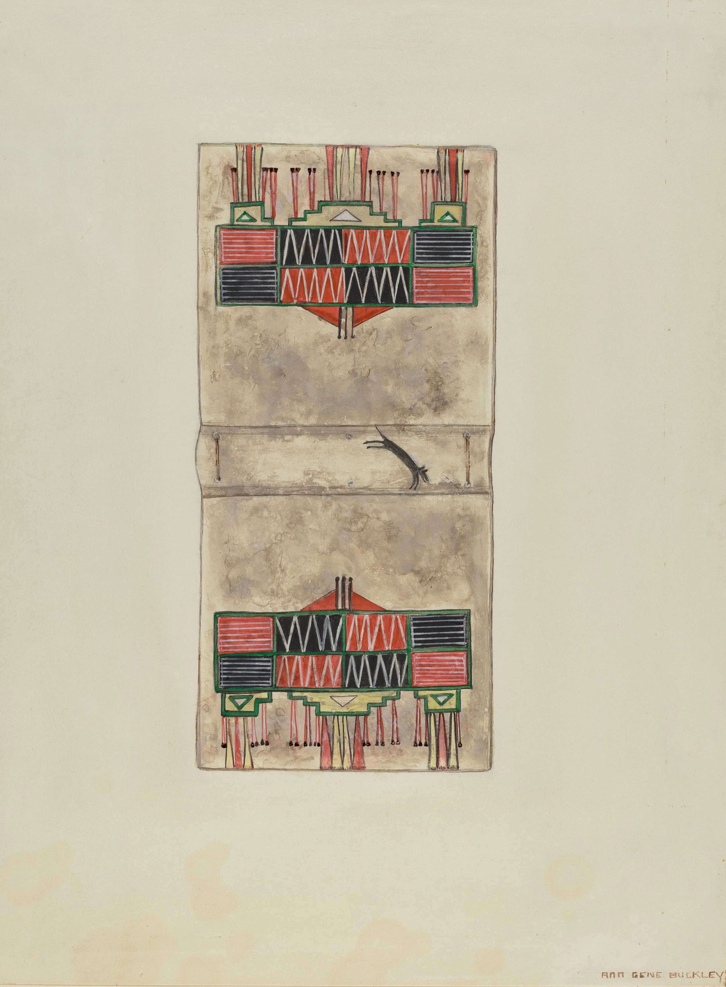 A painting of a reconstructed ancient Egyptian shrine or altar with intricate geometric and colored patterns, set against a plain background.