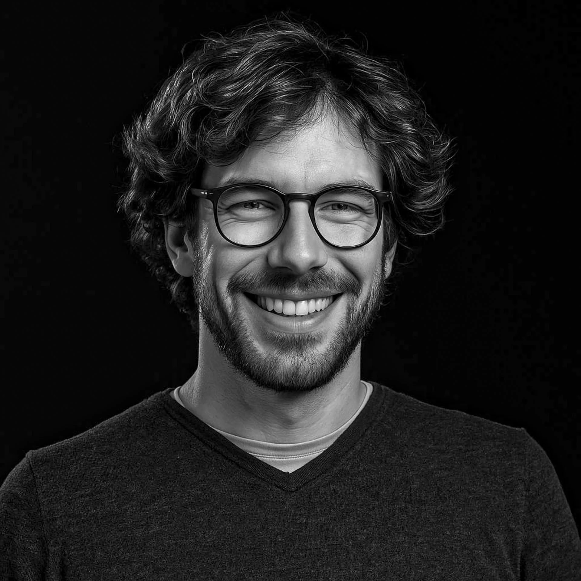 Black and white portrait of a smiling man with wavy hair, glasses, and a beard, wearing a dark sweater against a dark background.