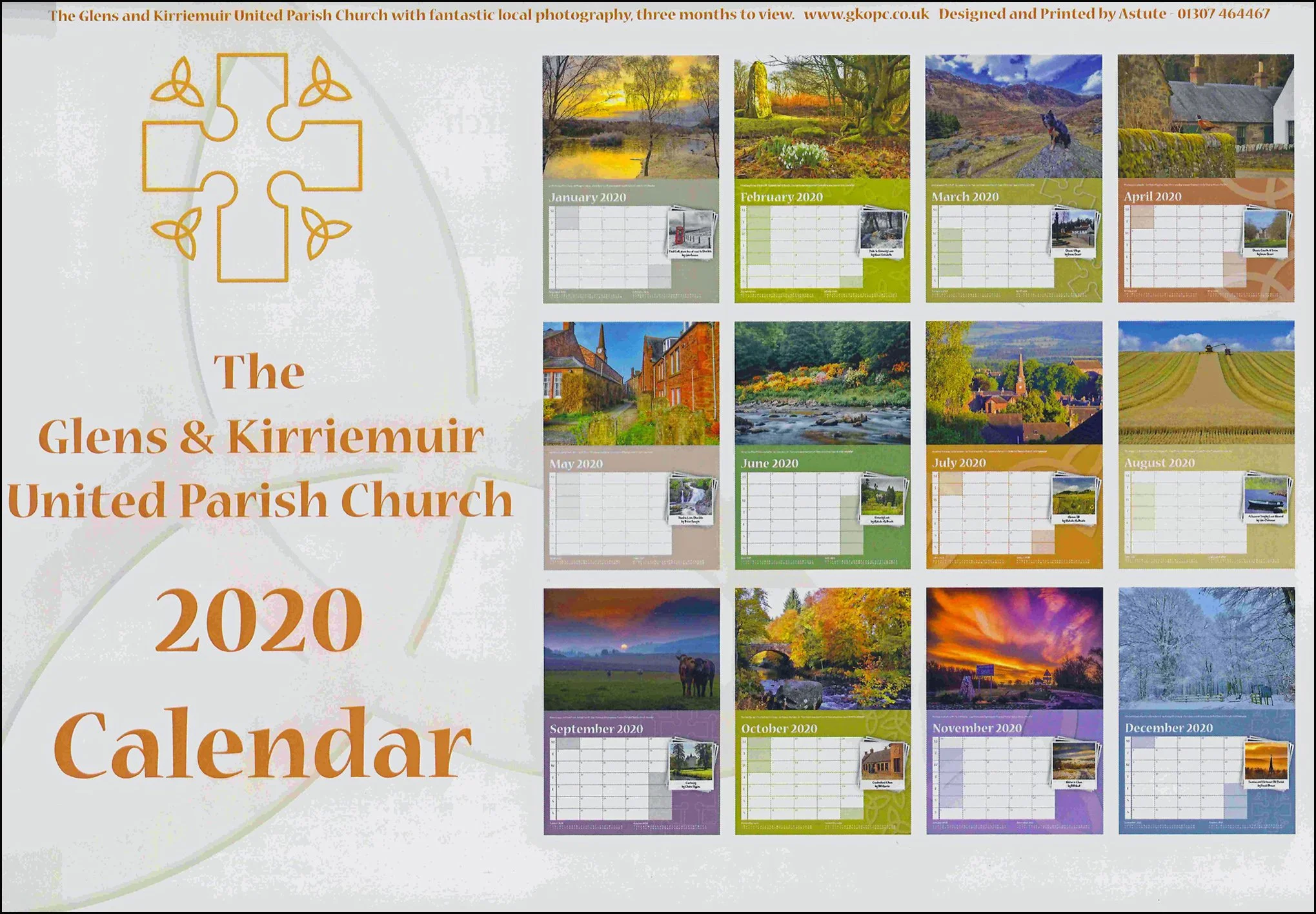 2020 calendar for The Glens & Kirriemuir United Parish Church, with each month featuring landscape photos and a small photo of the church, arranged in a grid from January to December.