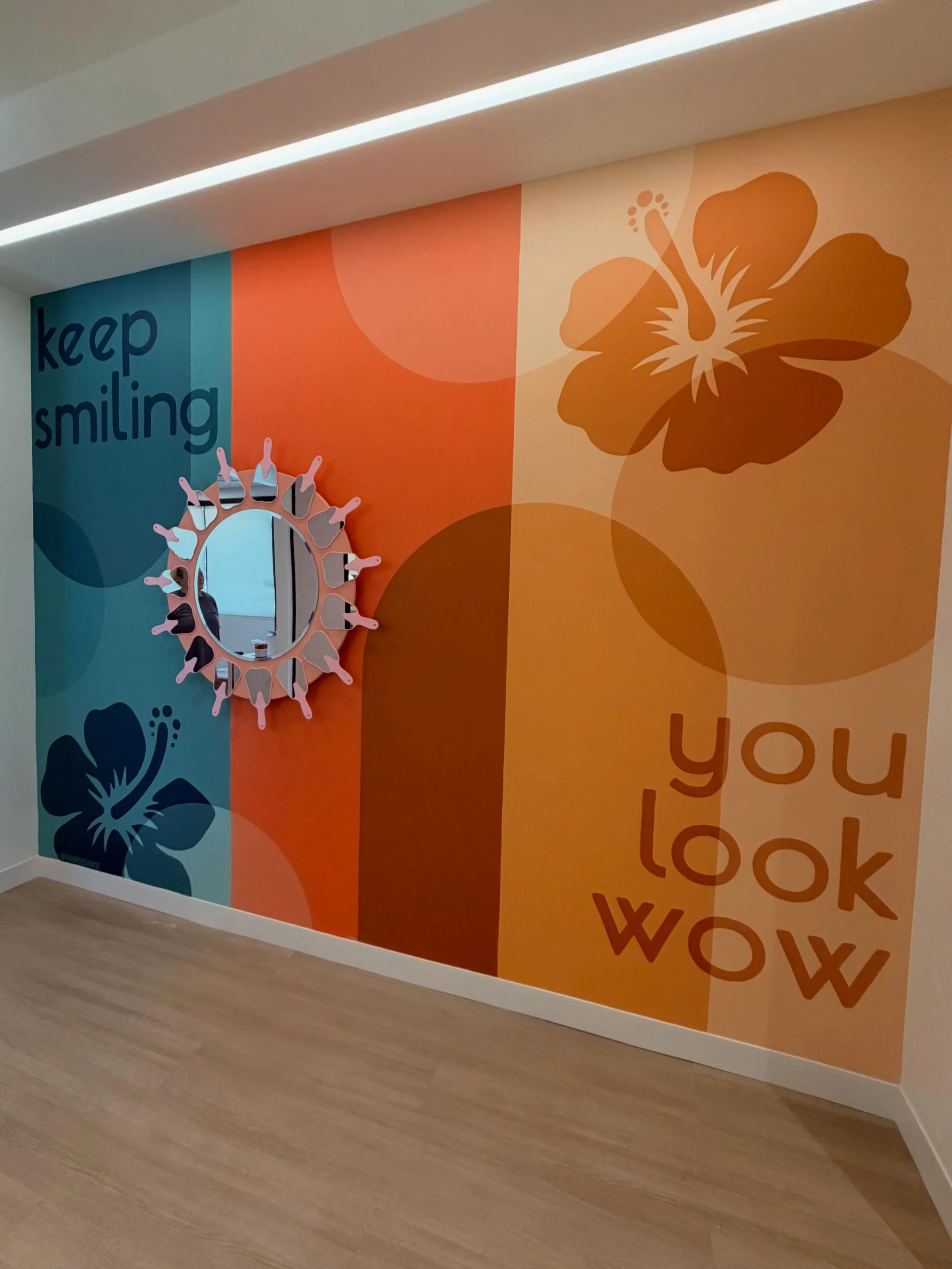One year later and it&rsquo;s finally on the wall. ✨

This colorful mural for @drmelanieorthodontics has been in the works for quite some time, making it extra exciting to see it come to life this week. Bold colors and an interactive spinning mirror&