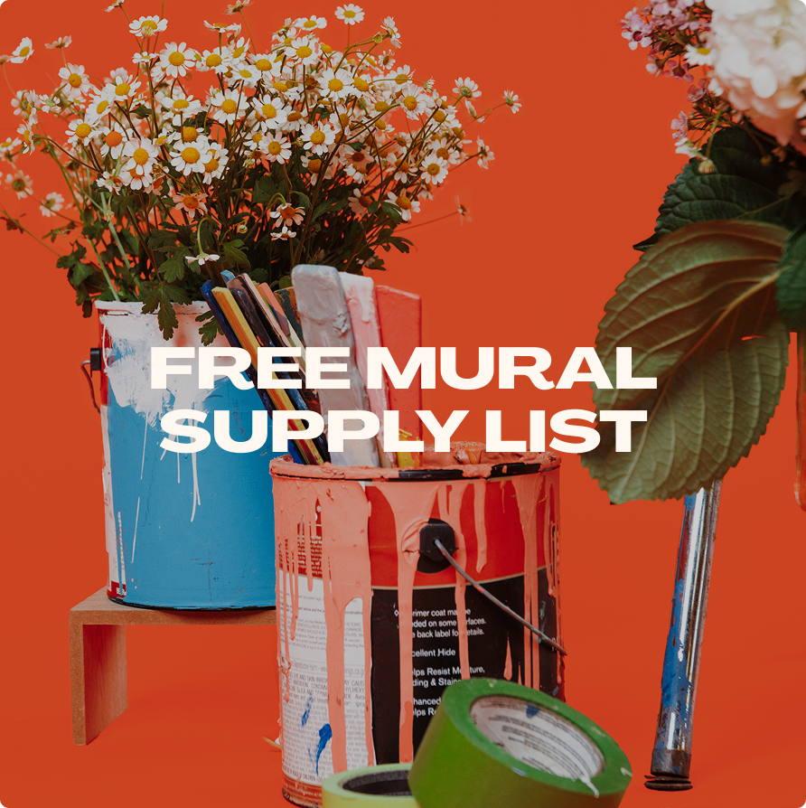 Paint cans filled with flowers and plants, with paint rollers and tape, set against an orange background.