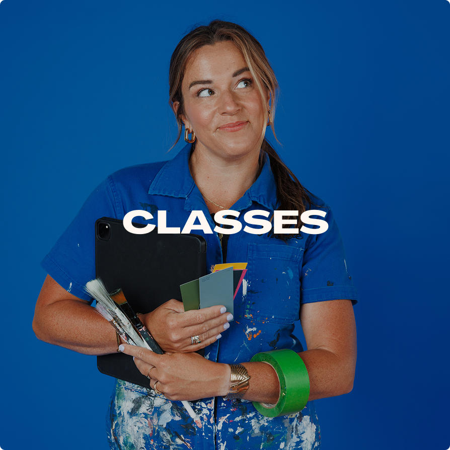 A woman holding paintbrushes, color samples, and a tablet, standing against a blue background with the word 'CLASSES' overlaid.