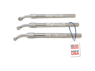 Three pounce wheels against a white background with a tag attached to the middle wheel that reads Made in USA with an American flag.