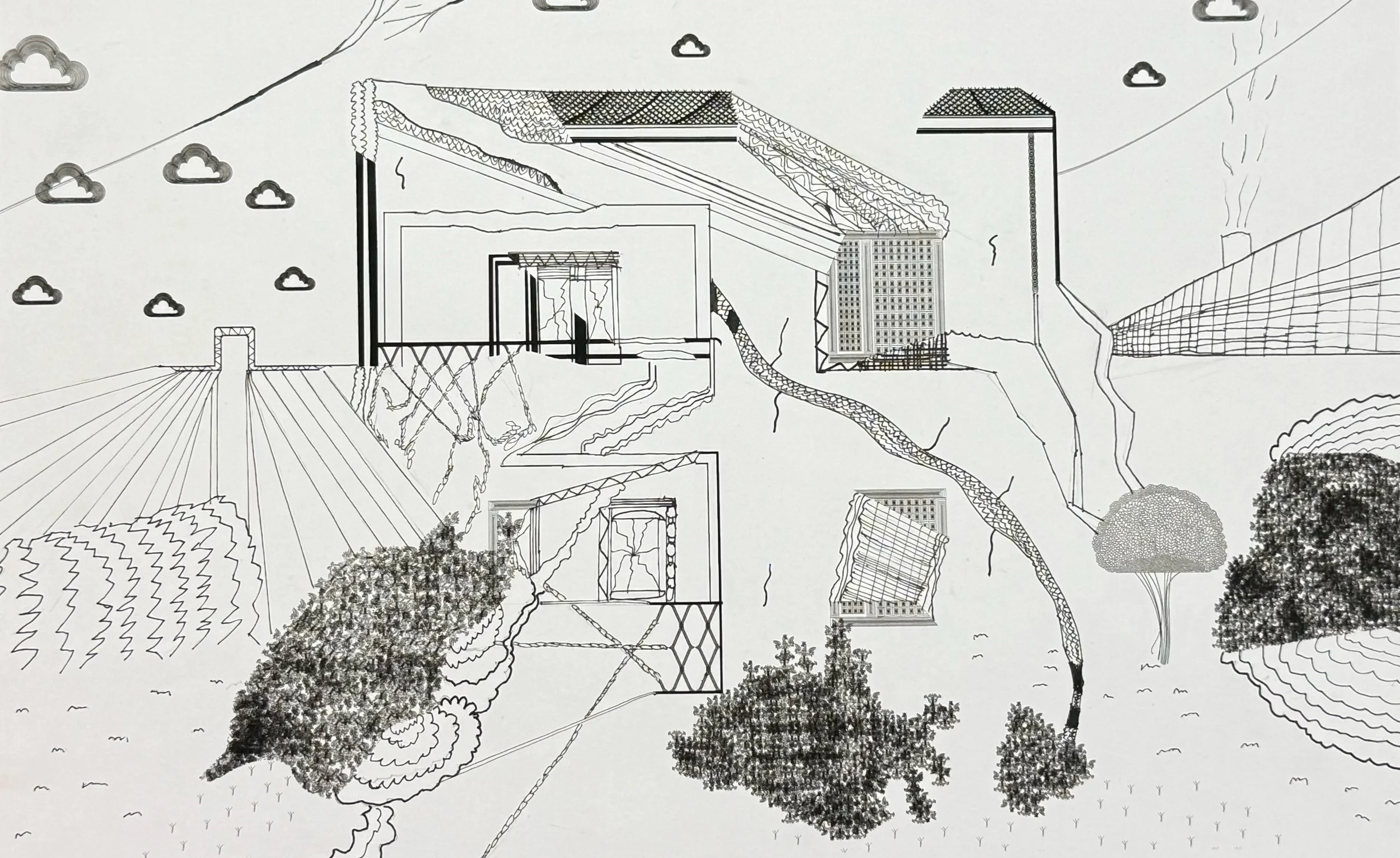 Line drawing of a landscape with trees, clouds, mountains, and various buildings or structures.