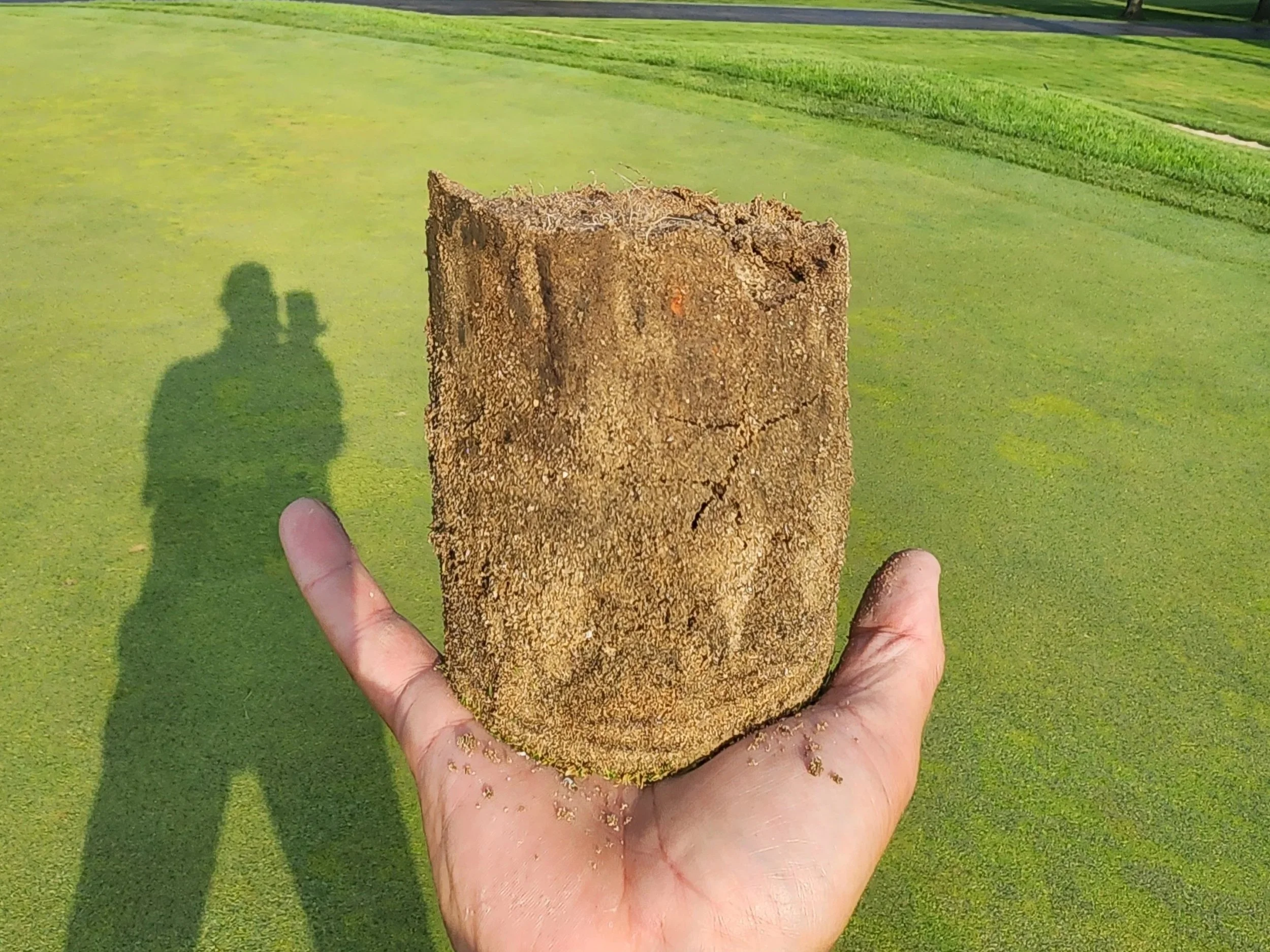 A person holding a rectangular section of a target or golf hole with a grassy field in the background, with the person's shadow visible on the ground.