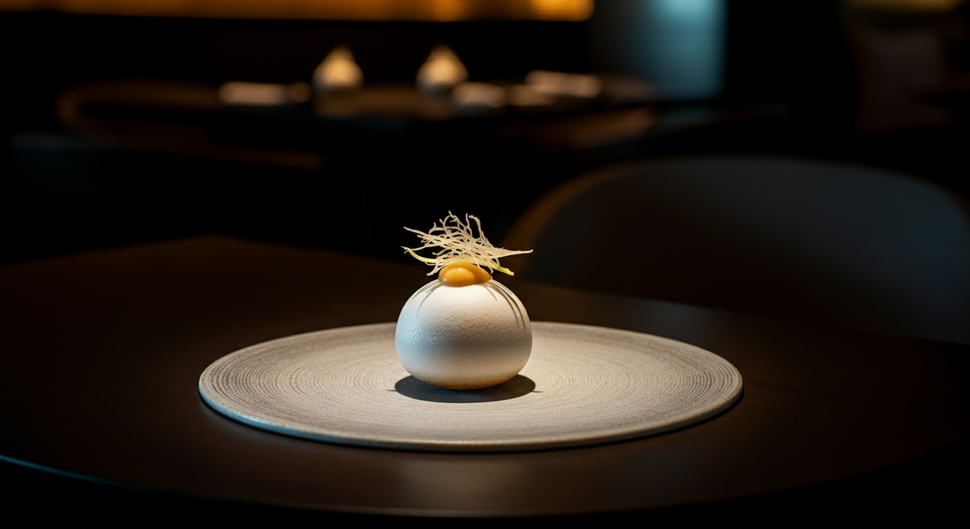 A dessert with a smooth white dome, topped with a small dollop of yellow sauce, shredded white chocolate, and a yellow flower petal, on a textured white plate in a dimly lit setting.
