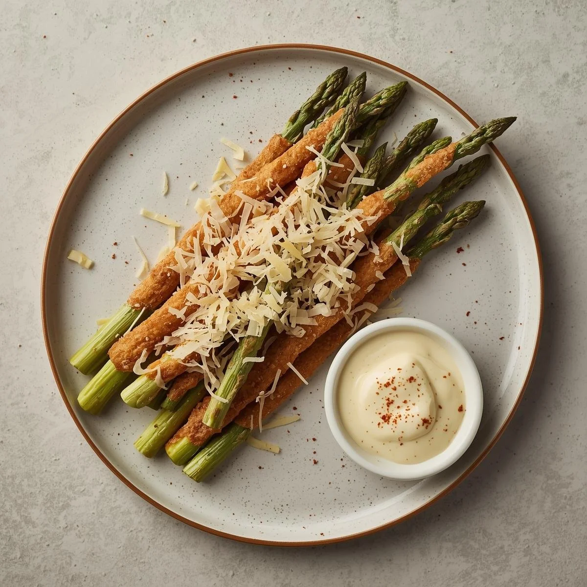 Cooked asparagus spears topped with shredded cheese on a round plate with a side of dipping sauce.