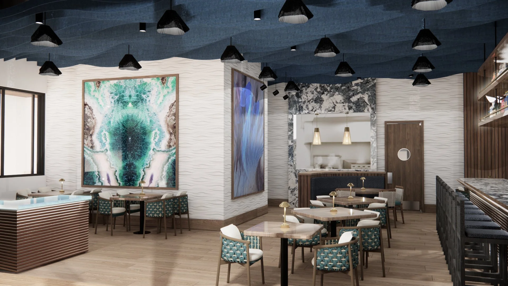 Interior of a modern restaurant with white textured walls, dark blue ceiling, colorful abstract artwork, wooden flooring, small tables with chairs, and a bar area with barstools in Deerfield Beach.