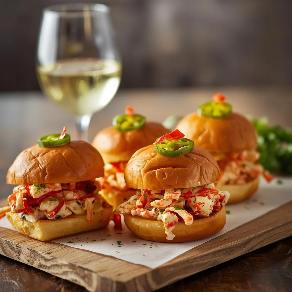Four lobster roll sliders garnished with jalapeño slices and a glass of white wine on a wooden serving board.