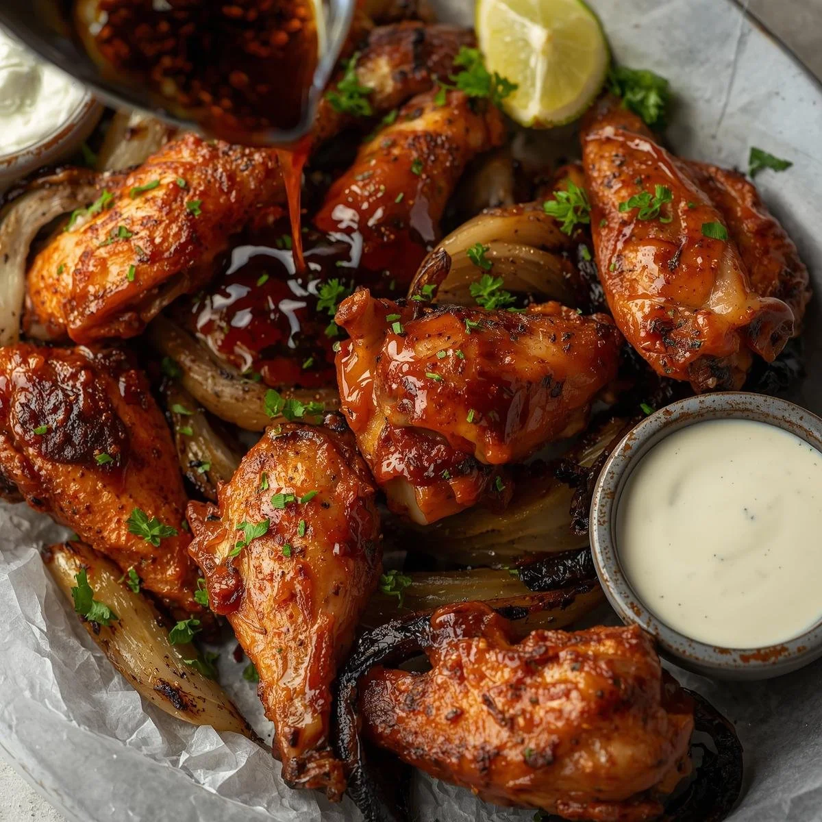 Chicken wings coated in barbecue sauce, served with grilled onions, lemon wedges, a side of creamy dipping sauce, and a drink being poured.