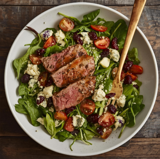 Salad with mixed greens, cherry tomatoes, blueberries, crumbled feta cheese, and sliced grilled steak in a white bowl with a wooden fork.