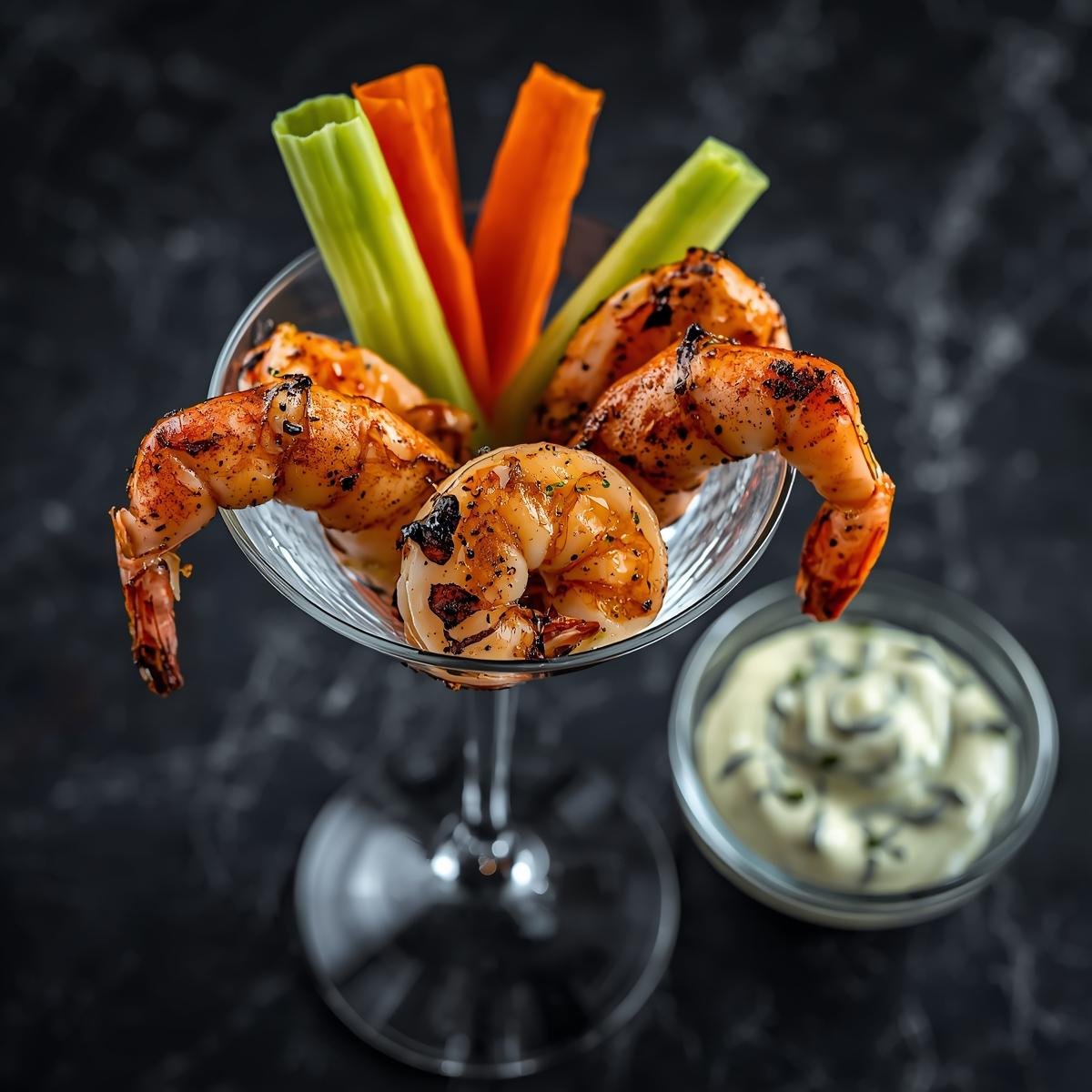 Shrimp cocktail with celery and carrot sticks, served in a martini glass, accompanied by a bowl of creamy dip.