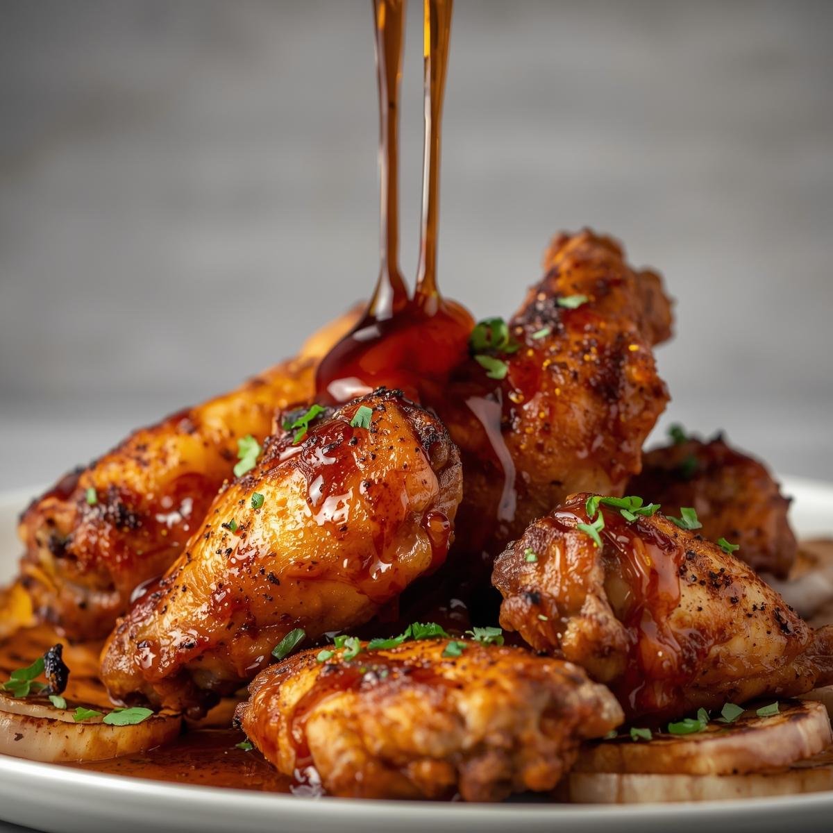 Close-up of glazed chicken wings garnished with chopped green herbs, with sauce being poured over them, on a white plate.