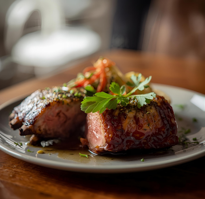 Cooked steak topped with fresh herbs and vegetables on a white plate.