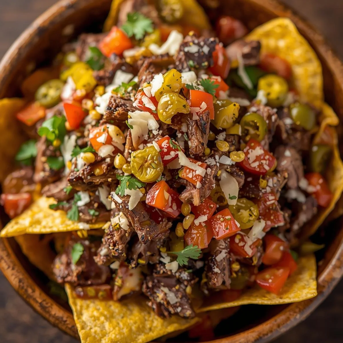 A bowl of shredded beef topped with diced tomatoes, pickled jalapeños, chopped onions, fresh cilantro, and crushed cheese. Corn tortilla chips surround the bowl.