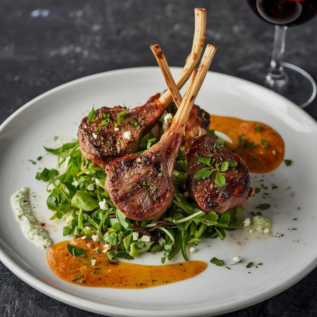 Plate of grilled lamb chops served on a bed of greens with sauce and garnished with herbs.