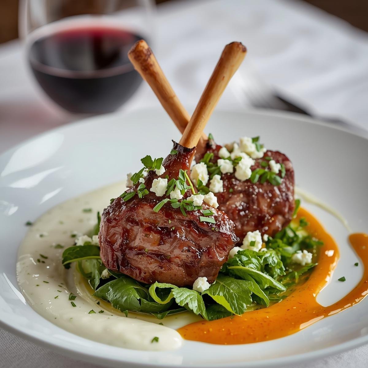 Two cooked lamb chops with bones crossed, garnished with herbs and cheese, served on a bed of greens and surrounded by sauces, with a glass of red wine in the background.