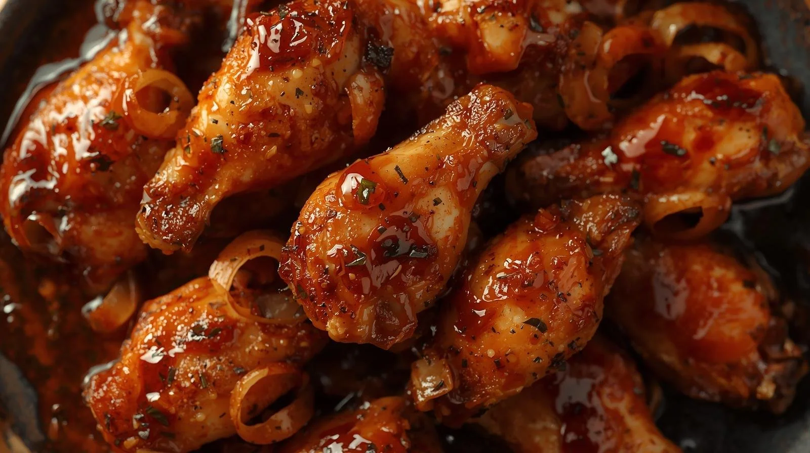 Close-up of cooked chicken drumsticks covered in spicy tomato sauce with herbs and spices.