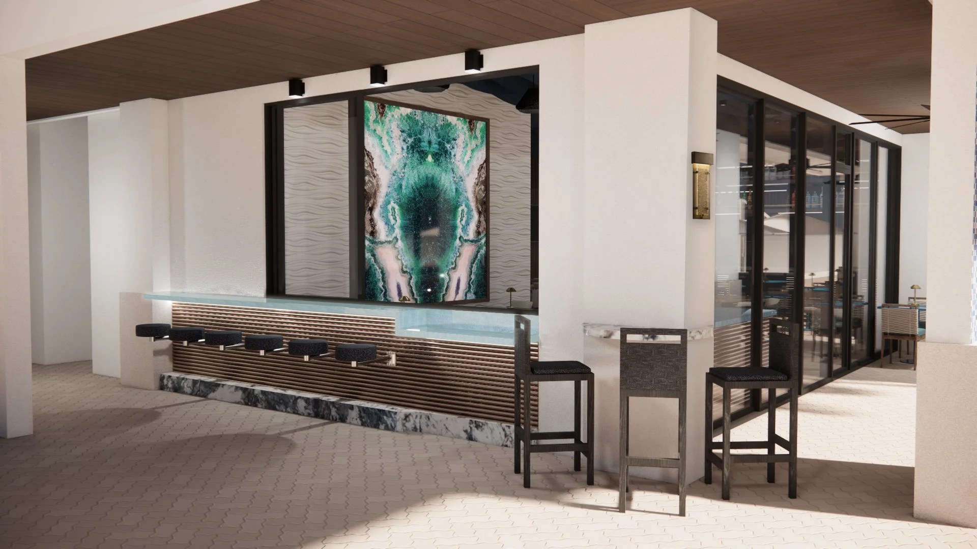 Modern bar area with high stools, a marble and glass bar counter, and a large abstract artwork on the wall behind the bar in Deerfield Beach.