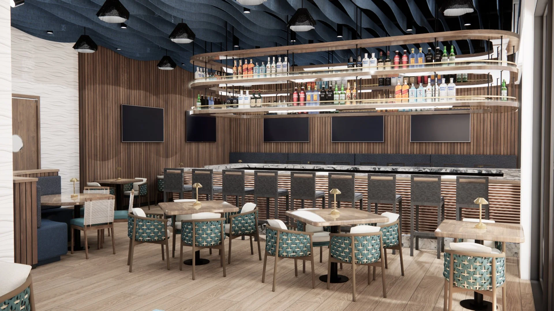 A modern bar restaurant interior with a wooden bar counter, multiple flat-screen TVs on the wall, and a ceiling with black acoustic panels. There are dining tables and chairs in the foreground with lamps on each table, and a suspended circular bar sh