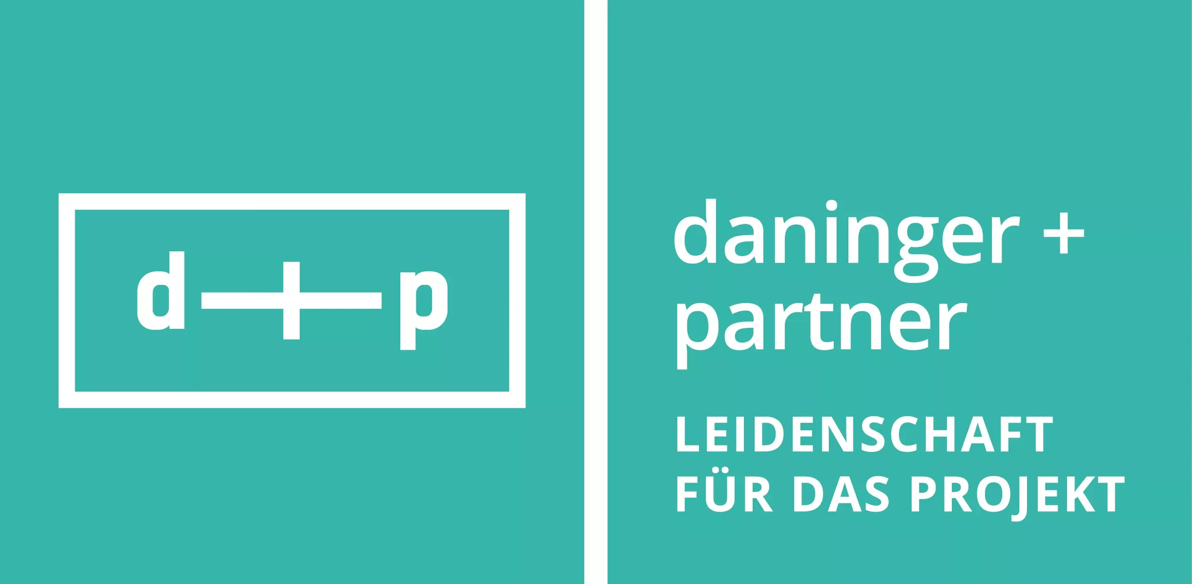 Grafik mit Chemiereaktion D + P, plus Zeichen, und Text auf der rechten Seite: "daninger+partner Leidenschaft für das Projekt"