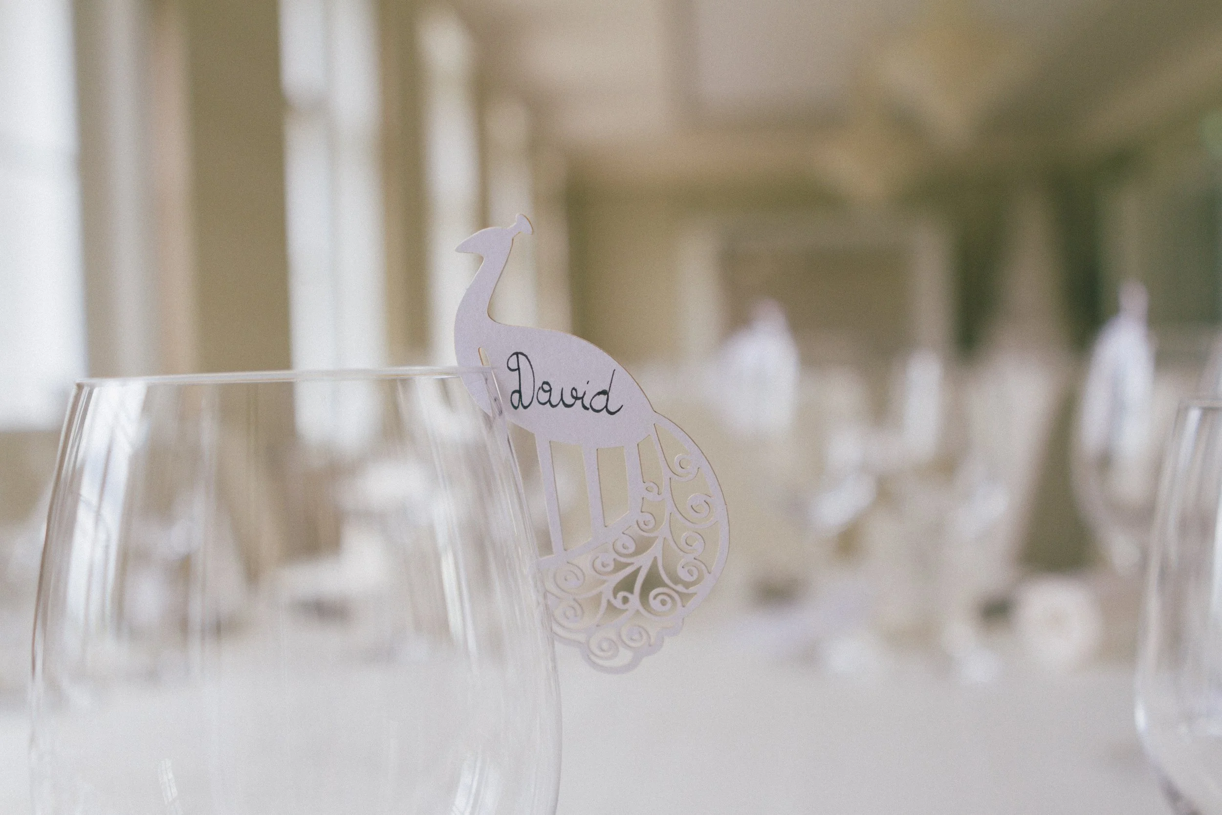Eine transparente Glastafel mit einem weißen Schmetterling aus Papier, auf dem der Name 'David' geschrieben ist, steht auf einem Tisch in einem hell beleuchteten Raum.
