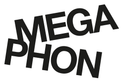 Schriftzug mit den Worten »MEGA PHON« in dunkler Schrift auf dunklem Hintergrund