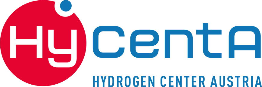 Das Logo des Hydrogen Center Austria mit dem Text "HyCenter" und einem roten Kreis mit "Hy" in Weiß, darunter der Slogan "Hydrogen Center Austria" in Blau.