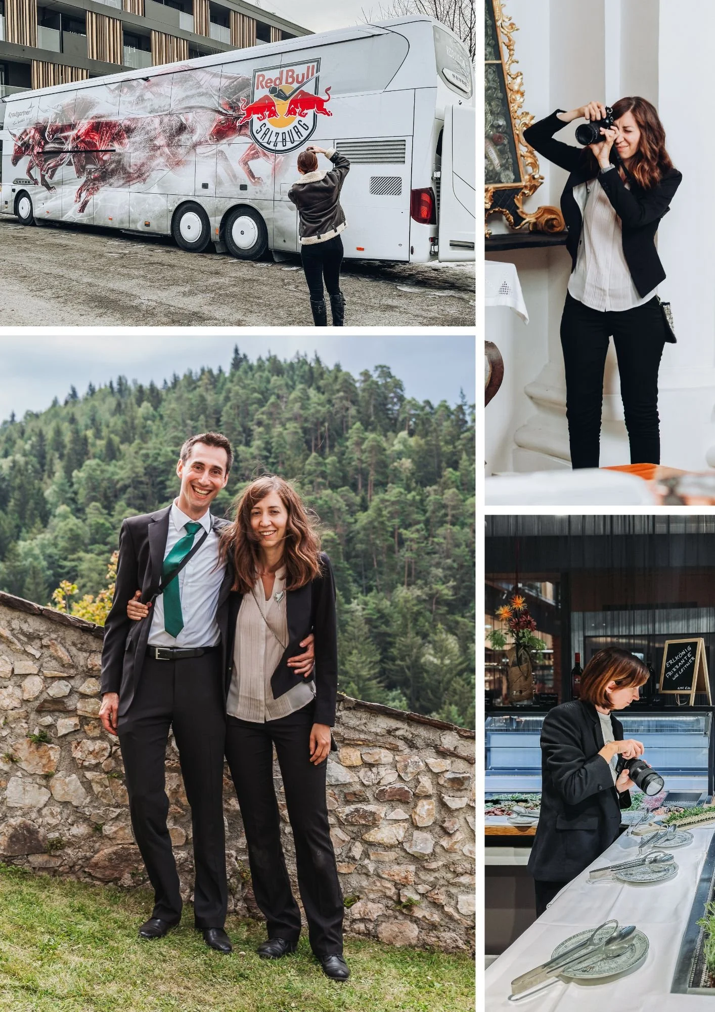 Fotografien zeigen verschiedene Szenen von Menschen: Im ersten Bild fotografiert eine Frau einen Tourbus mit einem Red Bull Salzburg Logo, im zweiten Bild macht eine Frau ein Foto drinnen in einem Raum mit barocker Einrichtung, im dritten Bild ein freundliches Paar bei einem Naturausflug vor einem bewaldeten Hügel, im vierten Bild eine Frau beim Betrachten eines Essensbuffets in einem Restaurant.