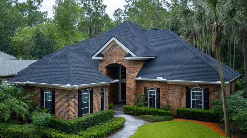Brick house with a dark shingled roof, surrounded by lush green landscaping and trees.