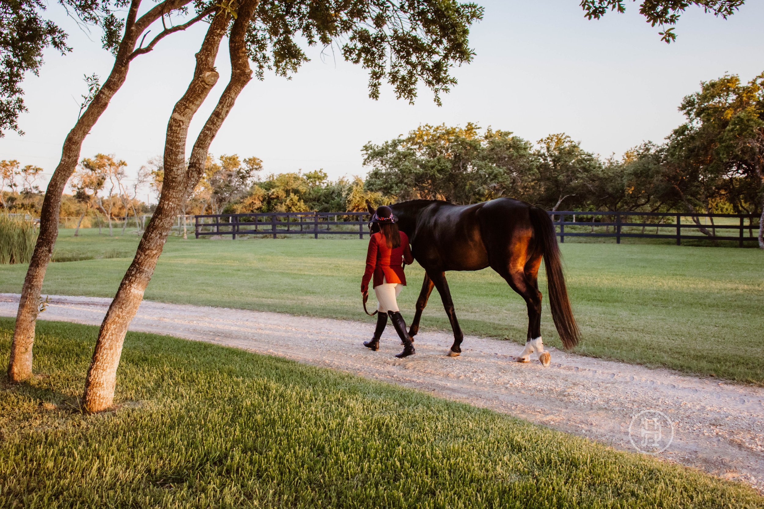 A woman in a red jacket, beige trousers, and riding boots leading a dark brown horse along a dirt path in a grassy field with trees in the background during sunset.