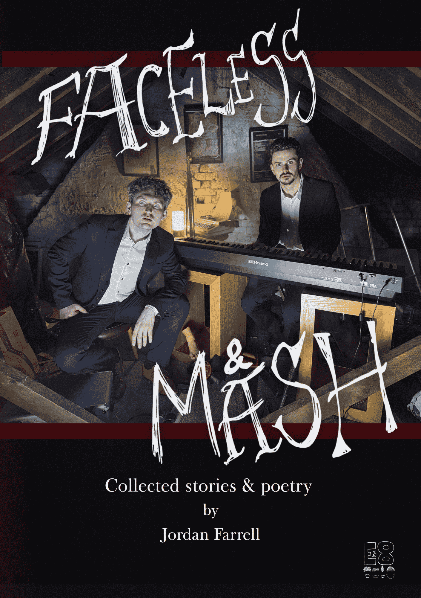 Cover of a book titled 'Faces & Messages: Collected stories & poetry by Jordan Farrell,' featuring two young men in suits in a dimly lit attic room with a keyboard and framed pictures on the wall.