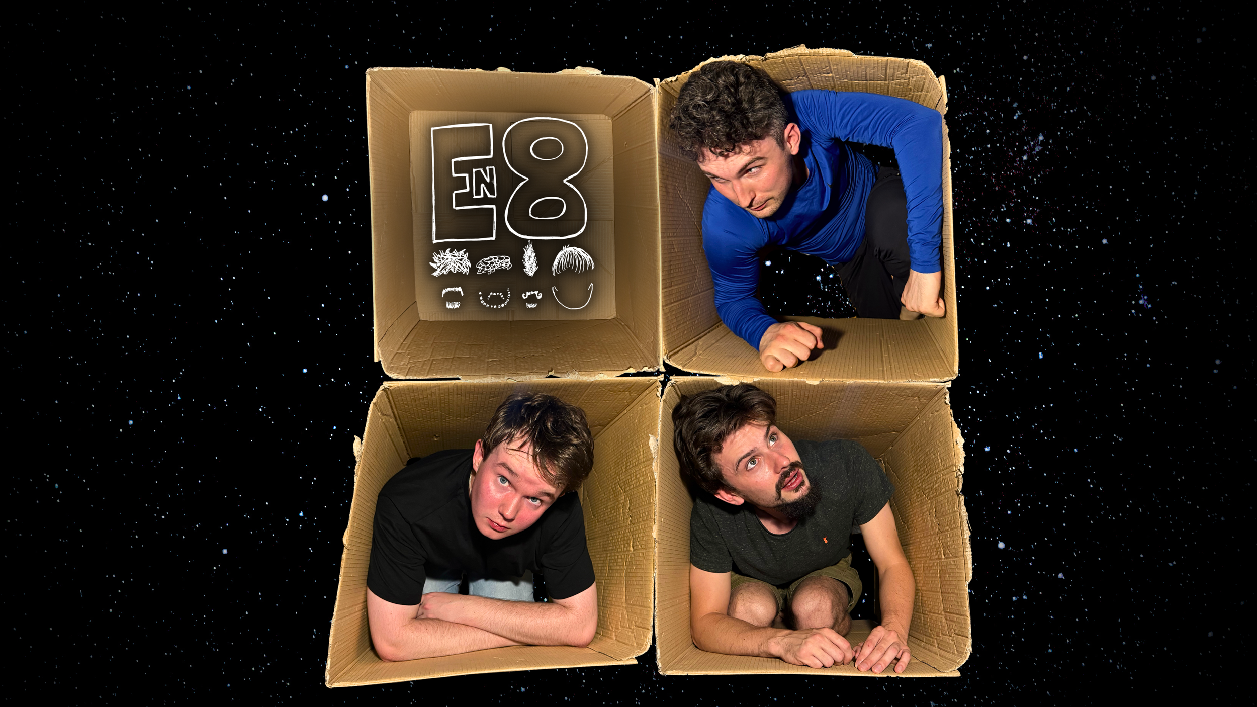 The EN8 team are sitting inside cardboard boxes floating in space with a starry background.