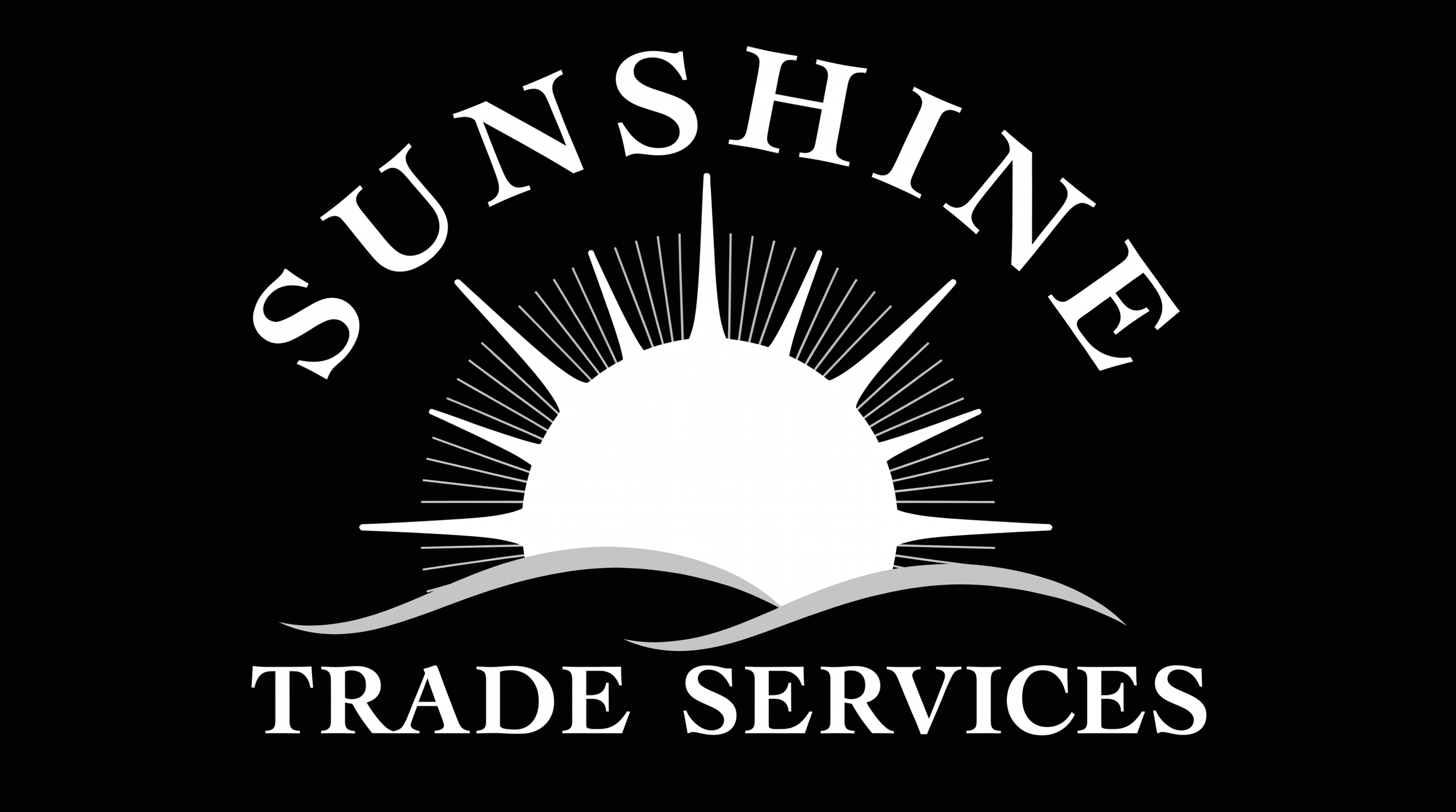 Black background with white text and graphic of a rising sun and waves. The text reads 'Sunshine Trade Services'.