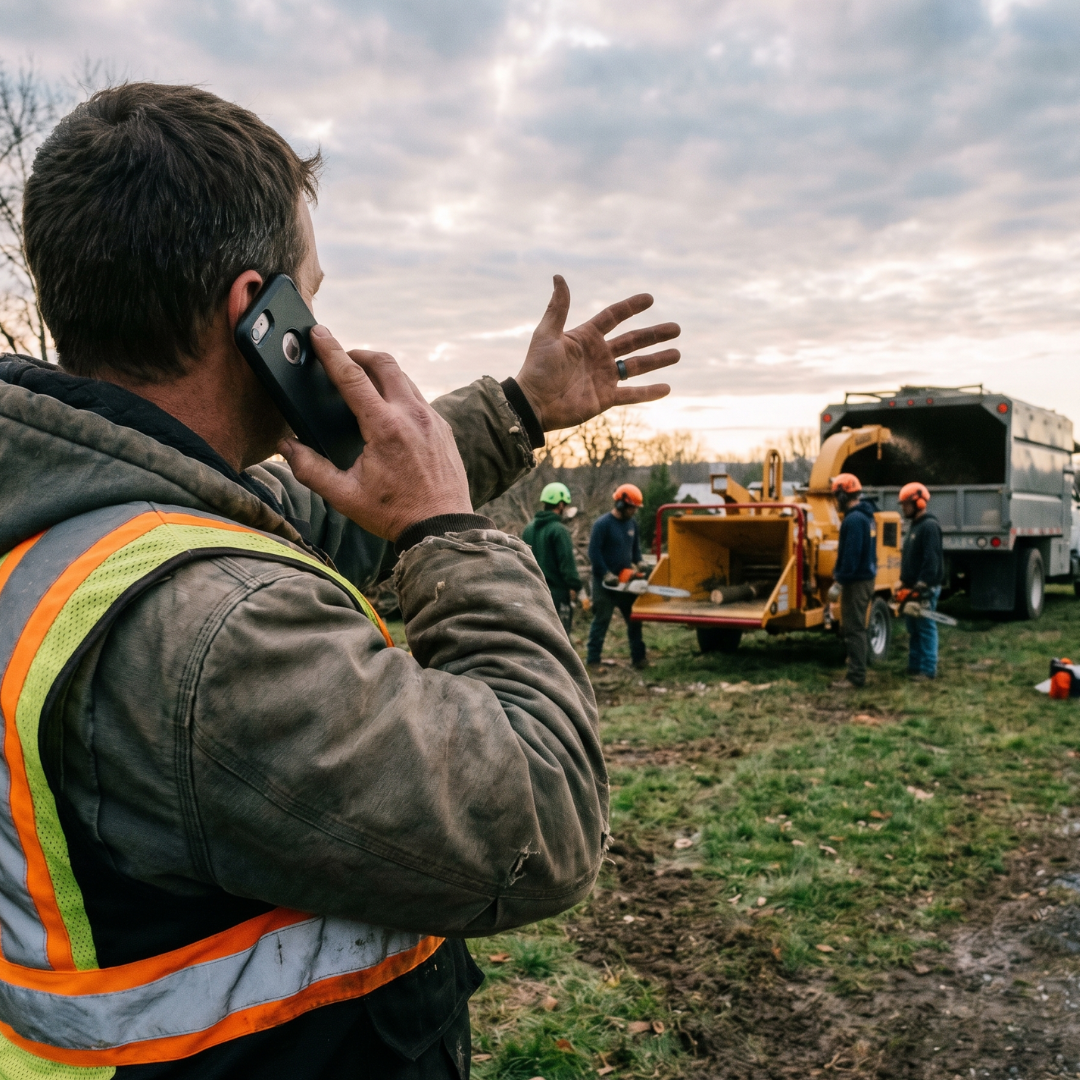 A man wearing a safety vest is on the phone, gesturing towards a group of construction workers operating machinery outdoors during the daytime.
