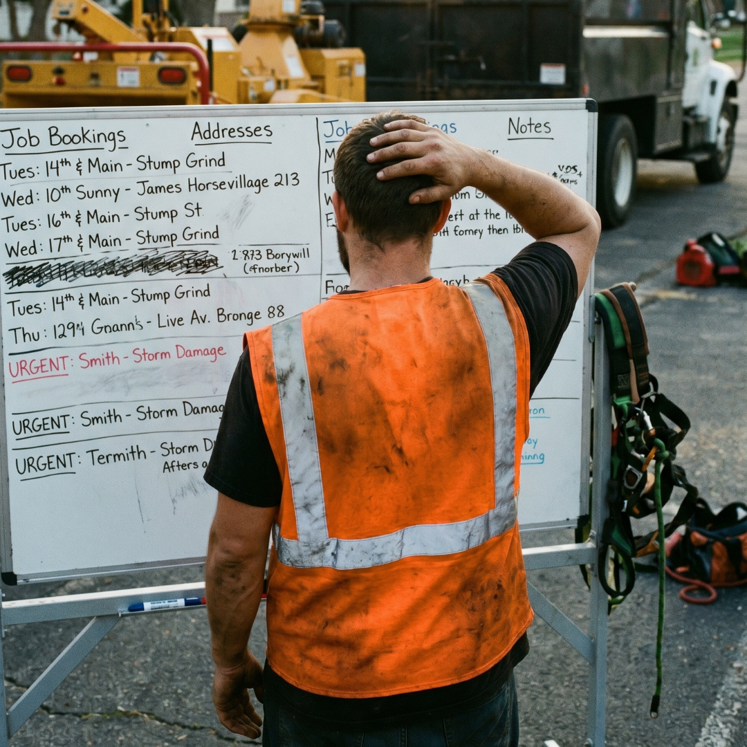 A man in an orange safety vest standing in front of a whiteboard with job assignments, scratching his head while reading the notes. In the background, construction equipment and supplies are visible.