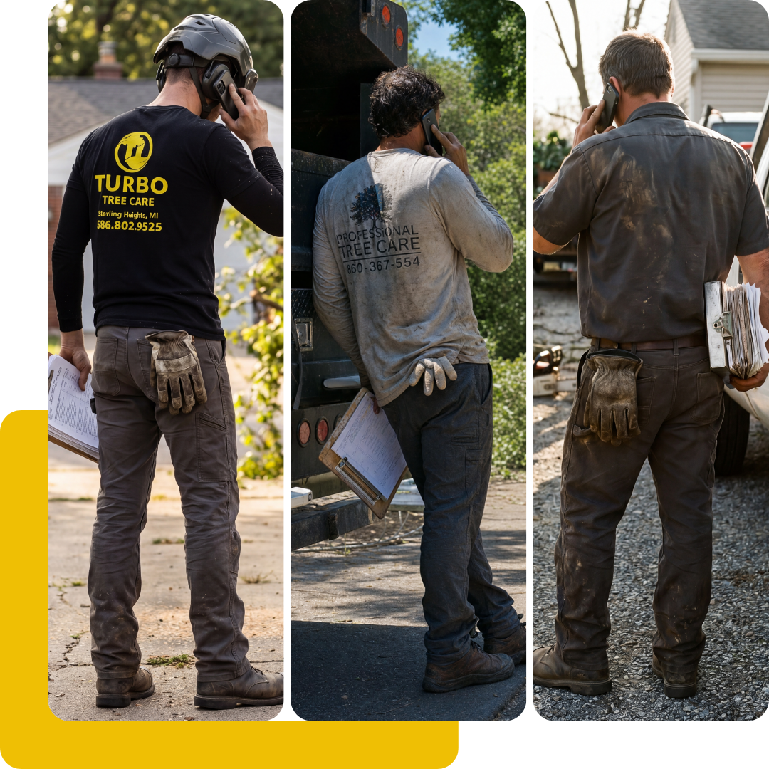 Three workers standing outdoors, talking on their phones and holding documents, all dressed in work attire with dirt and grime, working in different outdoor settings.