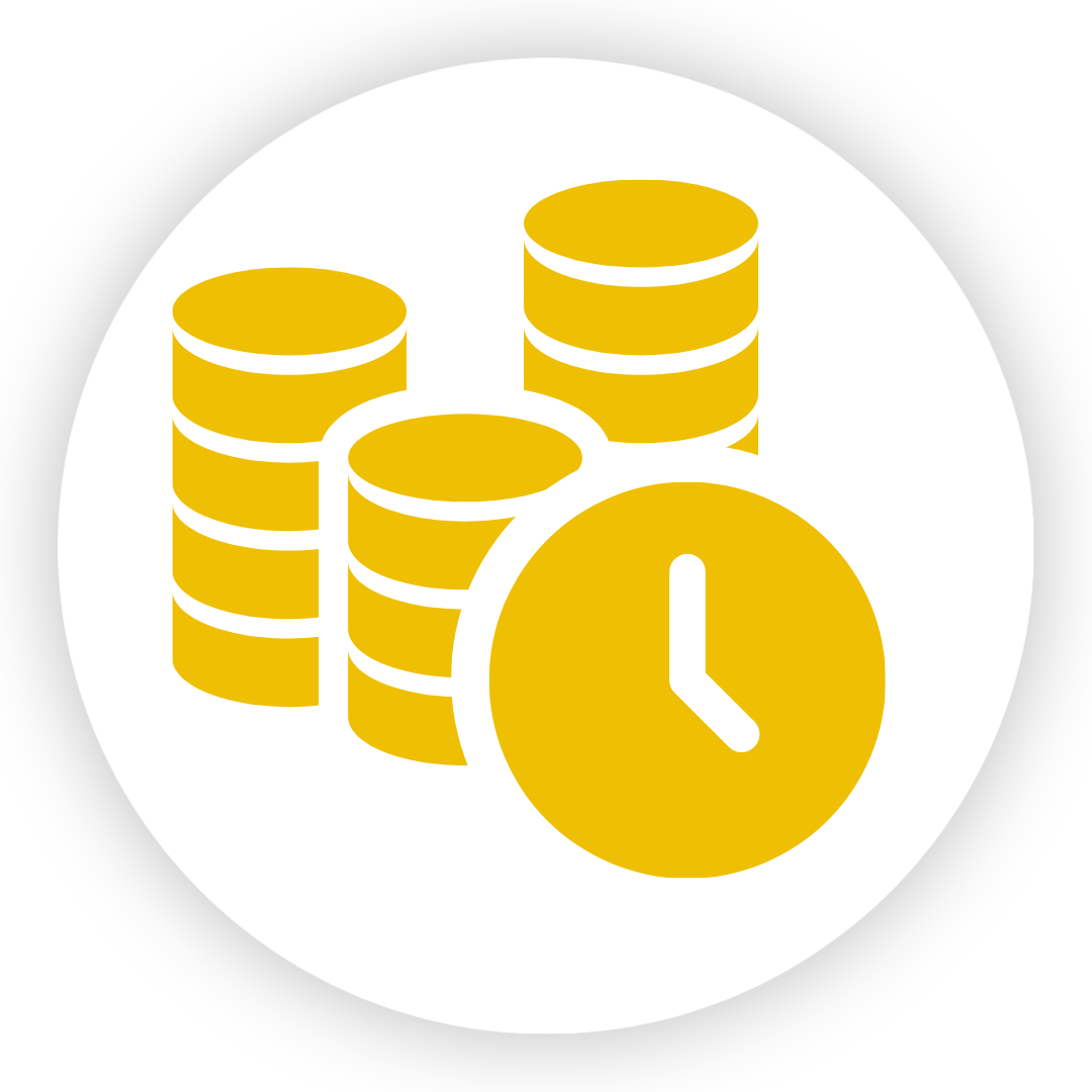 Coins stacked with a clock icon indicating time and money.