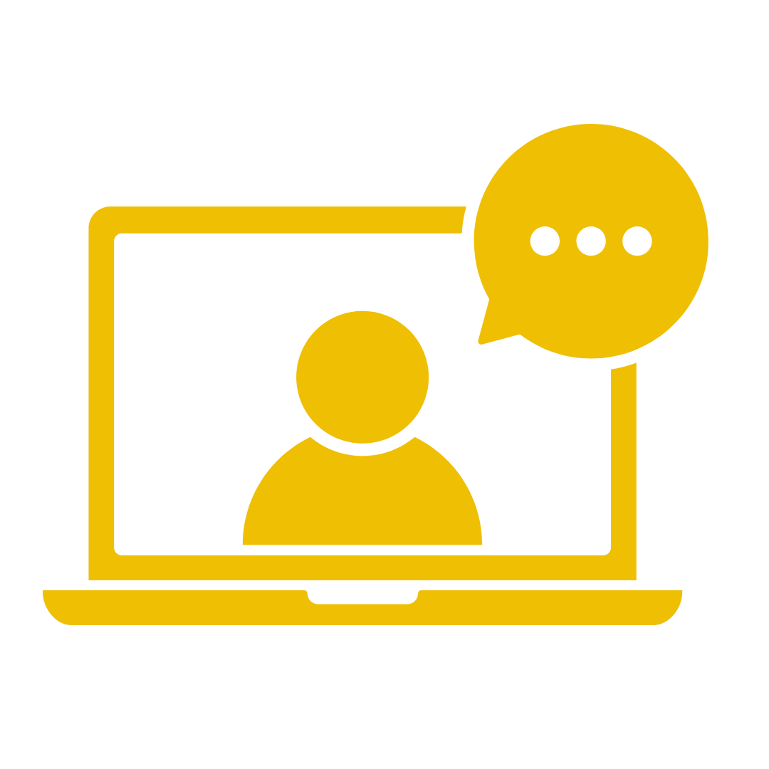 Icon of a person on a computer screen with a speech bubble containing three dots, all in yellow and black.