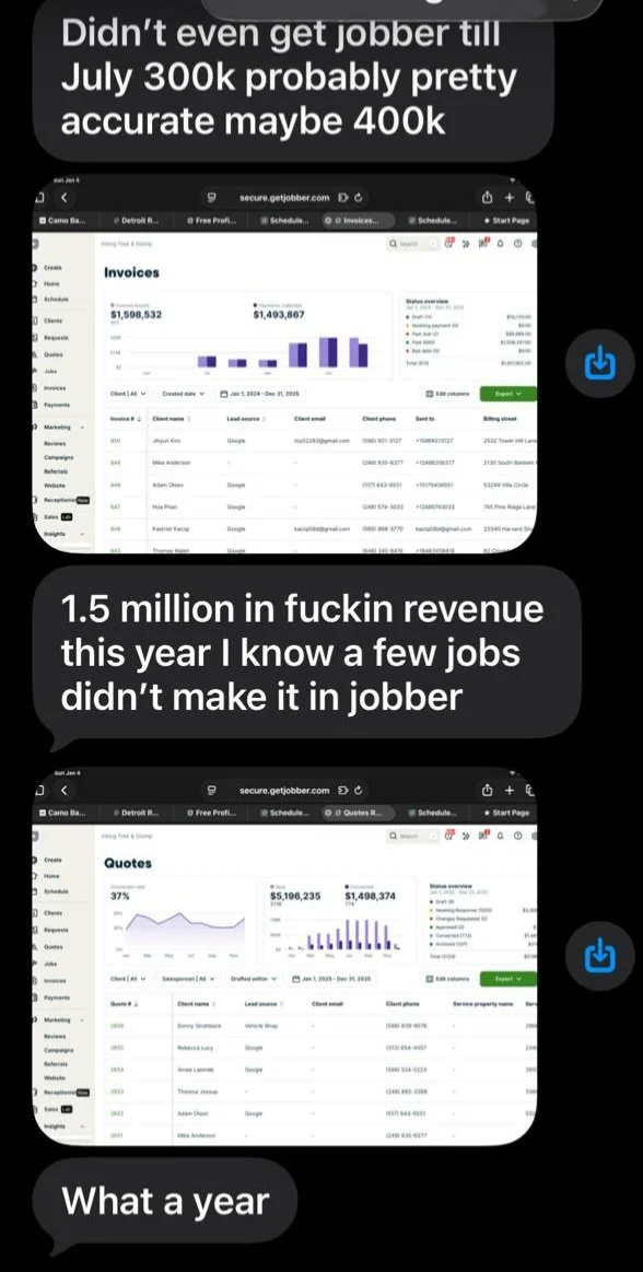 Screenshots of financial dashboards showing invoices and quotes, with text discussing revenue and earnings.