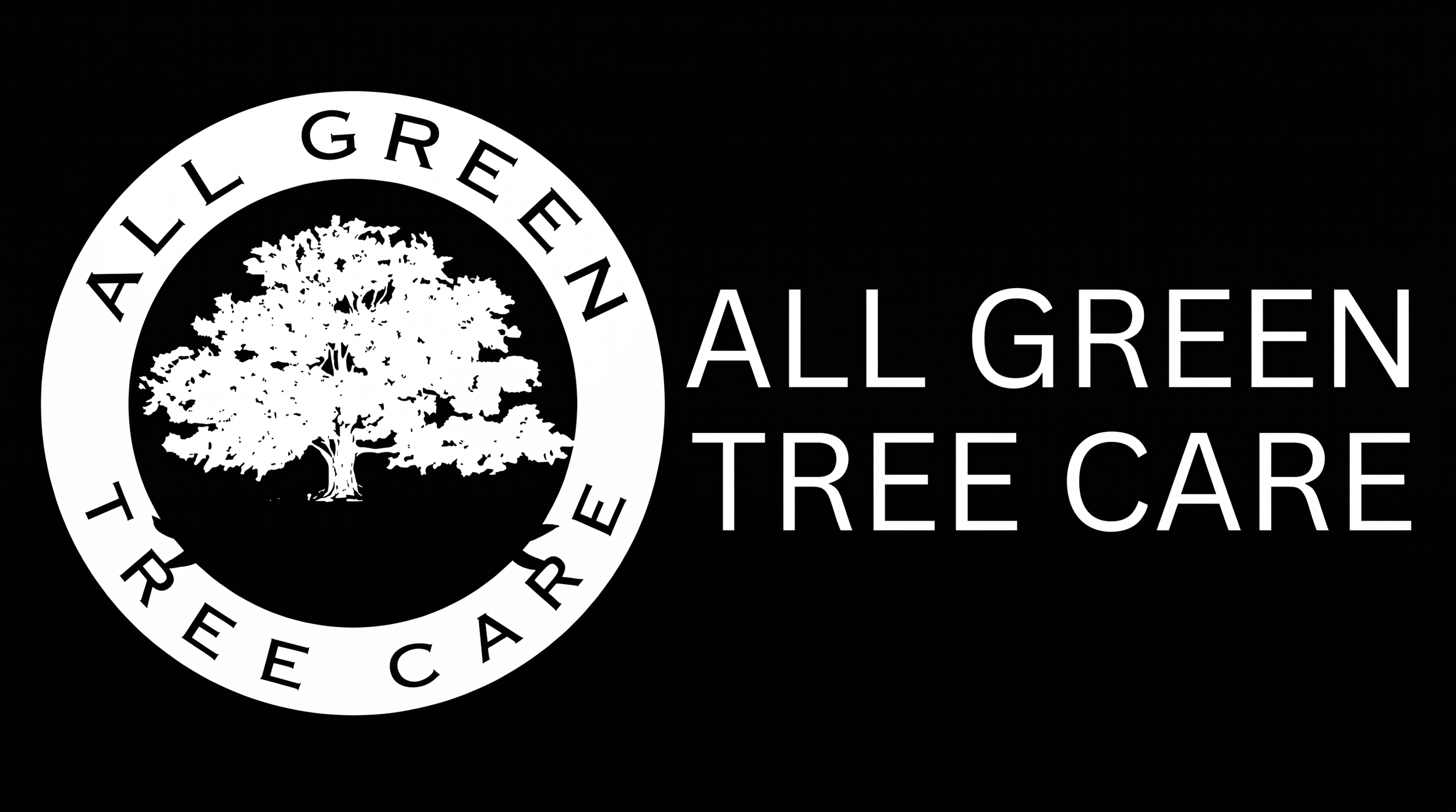 Logo of All Green Tree Care featuring a white tree inside a white circle with the text 'All Green Tree Care' around it on a black background.