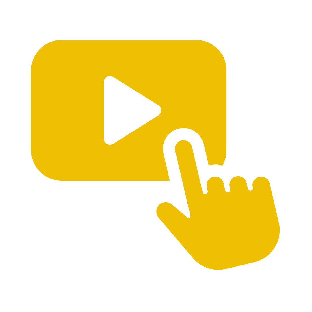 Yellow play button icon with a hand clicking on it