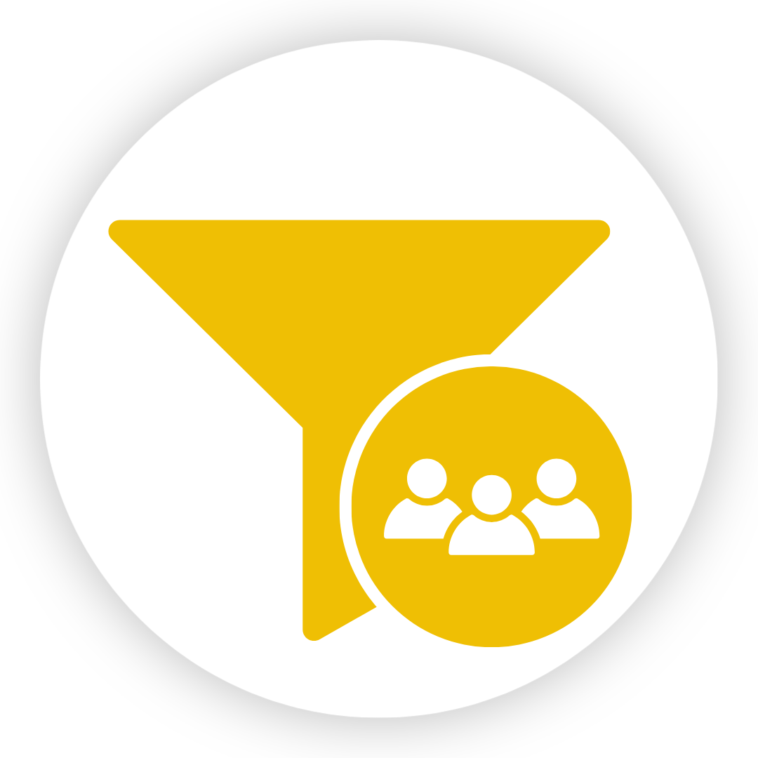 Icon of a yellow cocktail glass with a circle containing three people inside, on a black and white background.