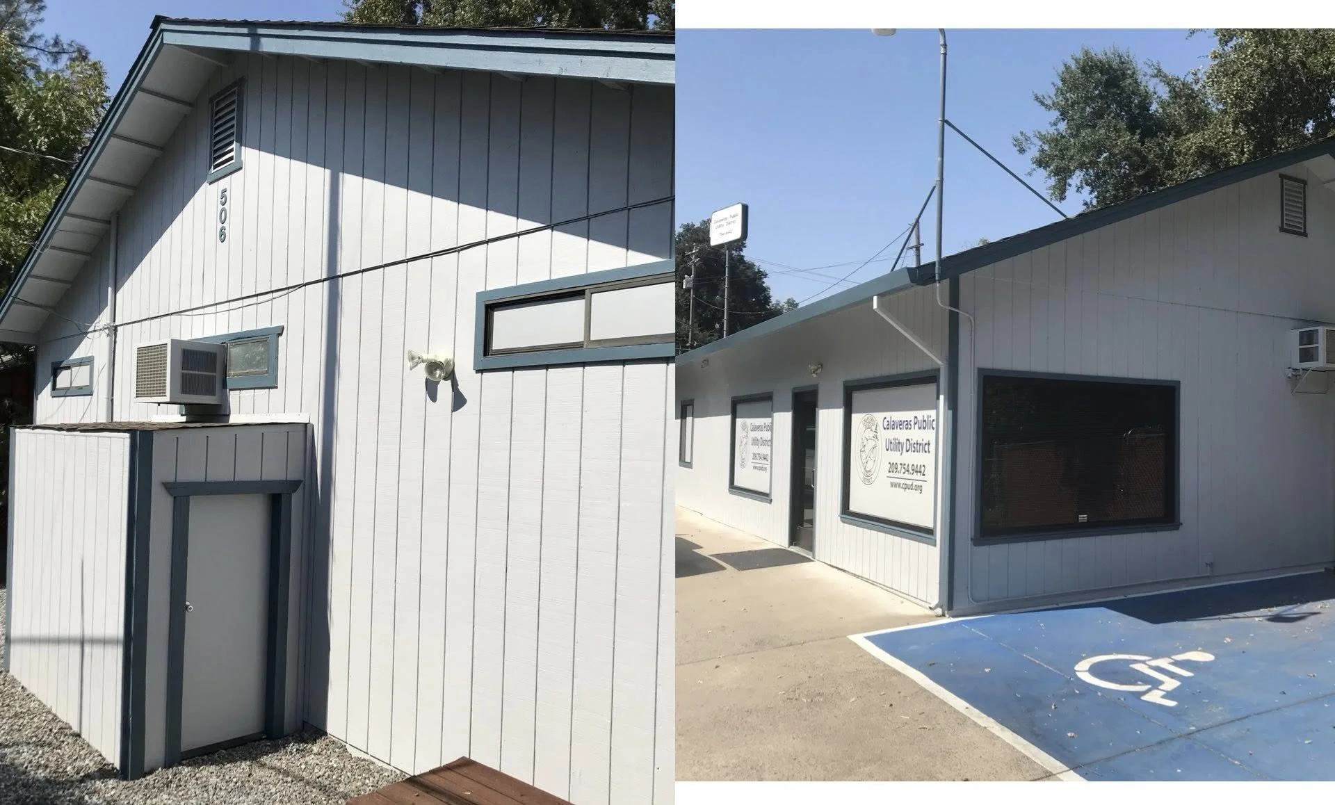 Side-by-side images of a white building with blue trim, showing an upgrade or renovation. The left image displays the front and side of the building with a small door, labeled number 506, and an window air conditioner. The right image shows the build