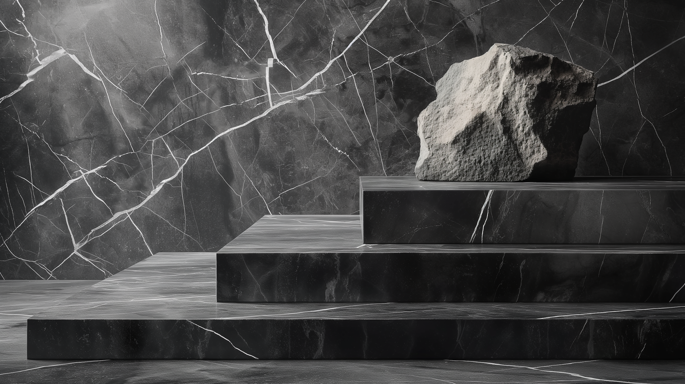 Black marble stairs with a large rock on top, against a black marble wall with white veining.