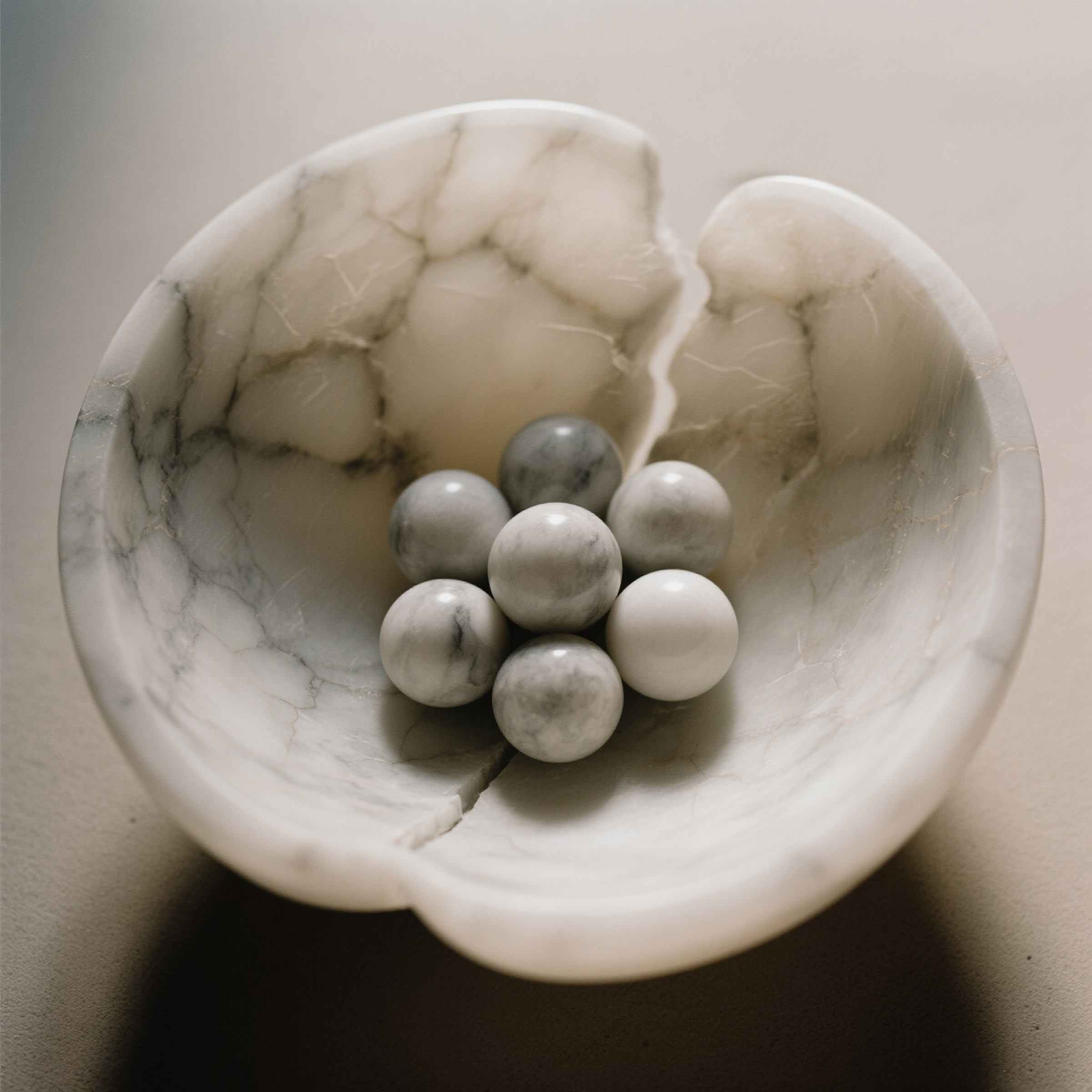 A white marble bowl with a crack, holding several small marble balls in shades of gray and white.