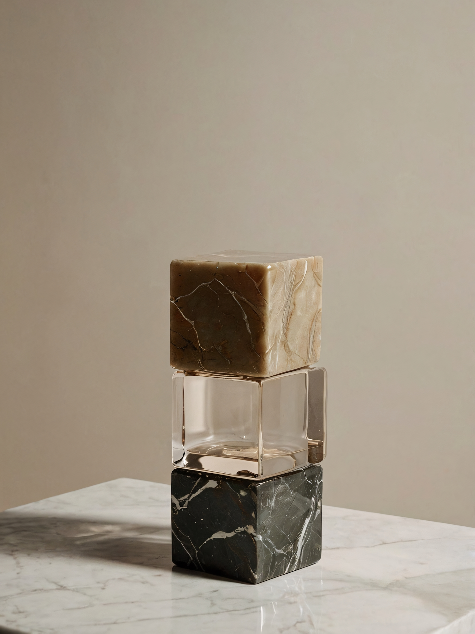 Stacked on a marble surface, three cubes of marble with different colors and patterns
