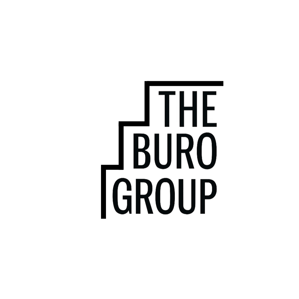 Logo for The Buro Group featuring black text on a white background with stylized stairs integrated into the letter 'B'.